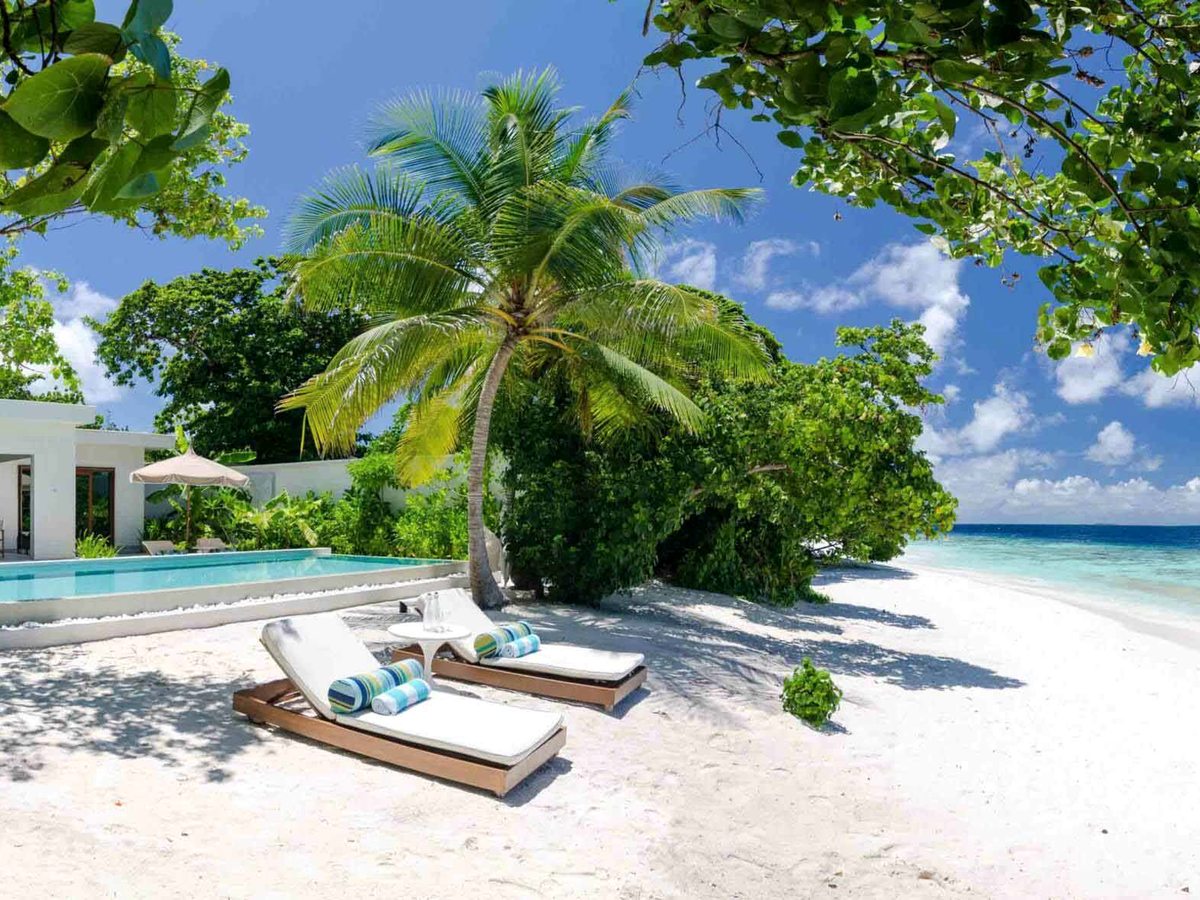 A single-storey white villa beside an infinity pool and sun loungers on the sand, a palm leaning over the beach and the lagoon alongside.