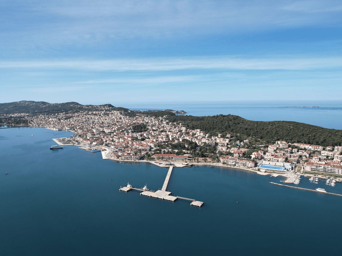 Aerial view of a small harbour town on a spit of land, with a central pier, waterfront buildings and wooded hills behind.