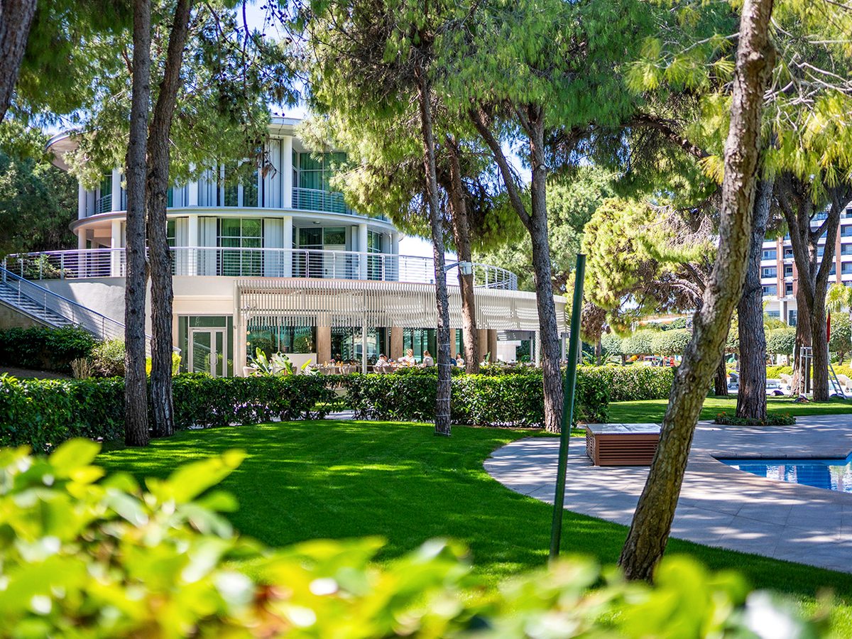 The landscaped grounds among the pines
