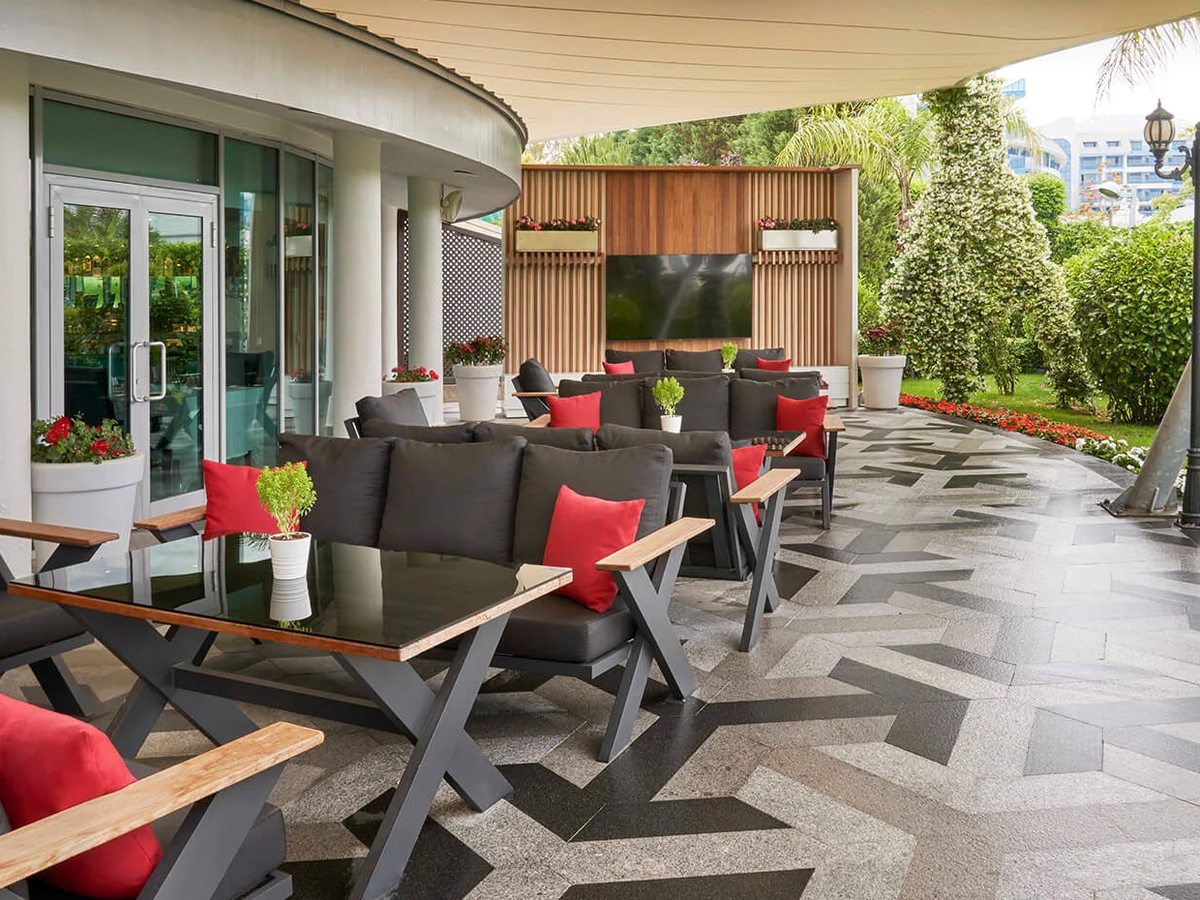 A shaded outdoor lounge