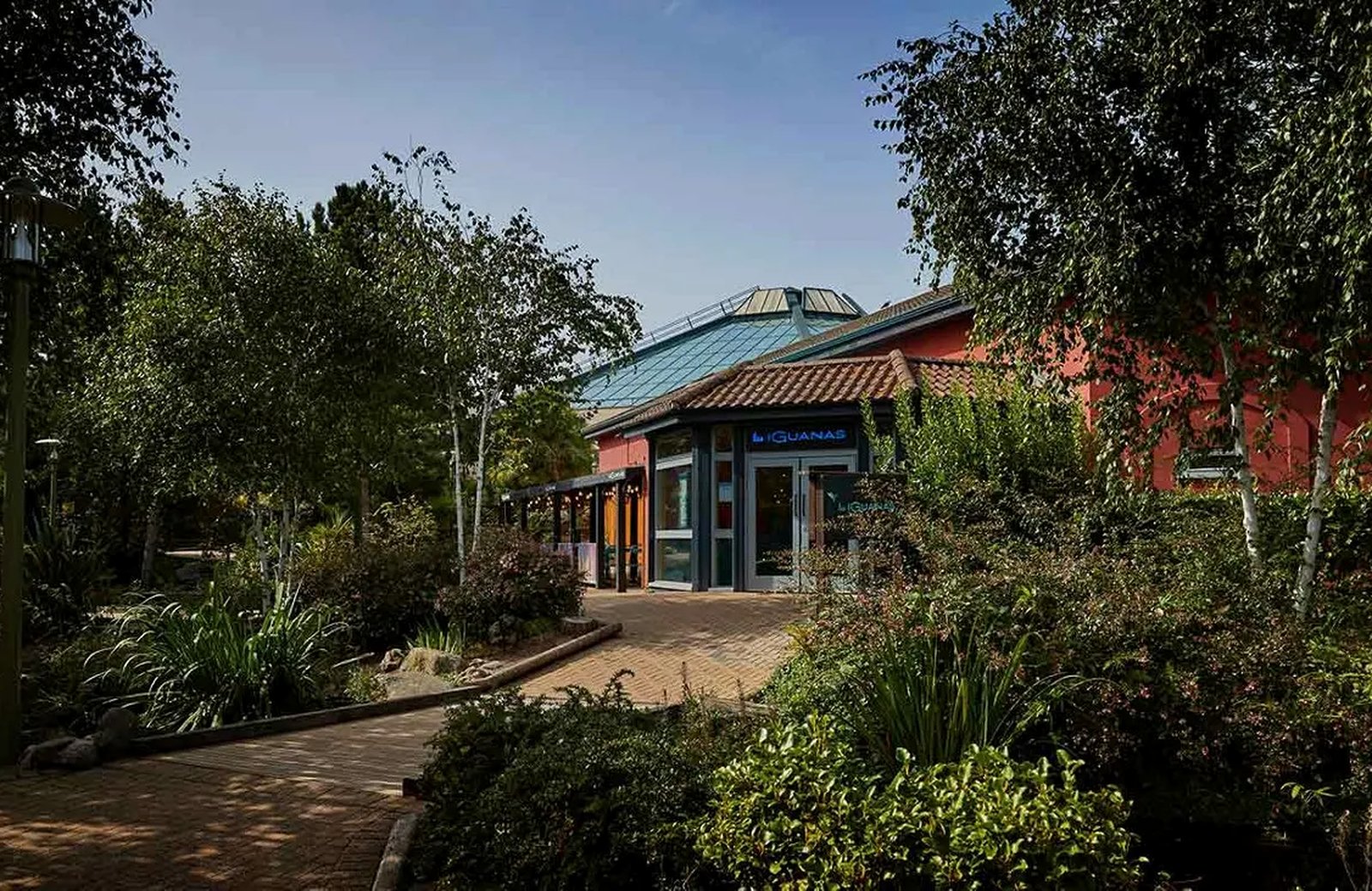 Center Parcs Elveden Forest: the Las Iguanas restaurant and the glazed roof of the Subtropical Swimming Paradise on the Village Square, among trees and shrub planting.