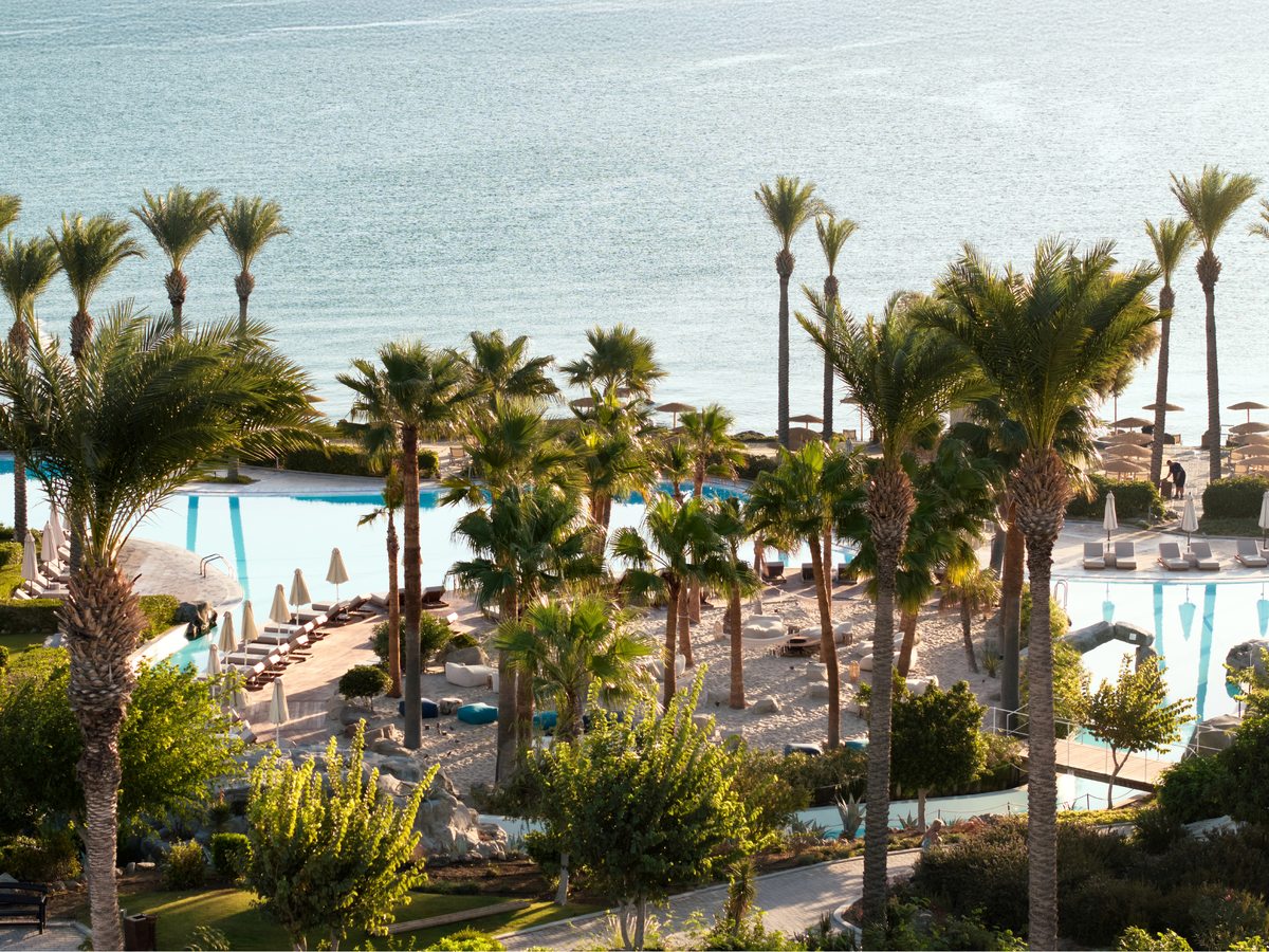 Elevated view through tall palms over two large swimming pools ringed by loungers and parasols, the calm Aegean filling the top of the frame.