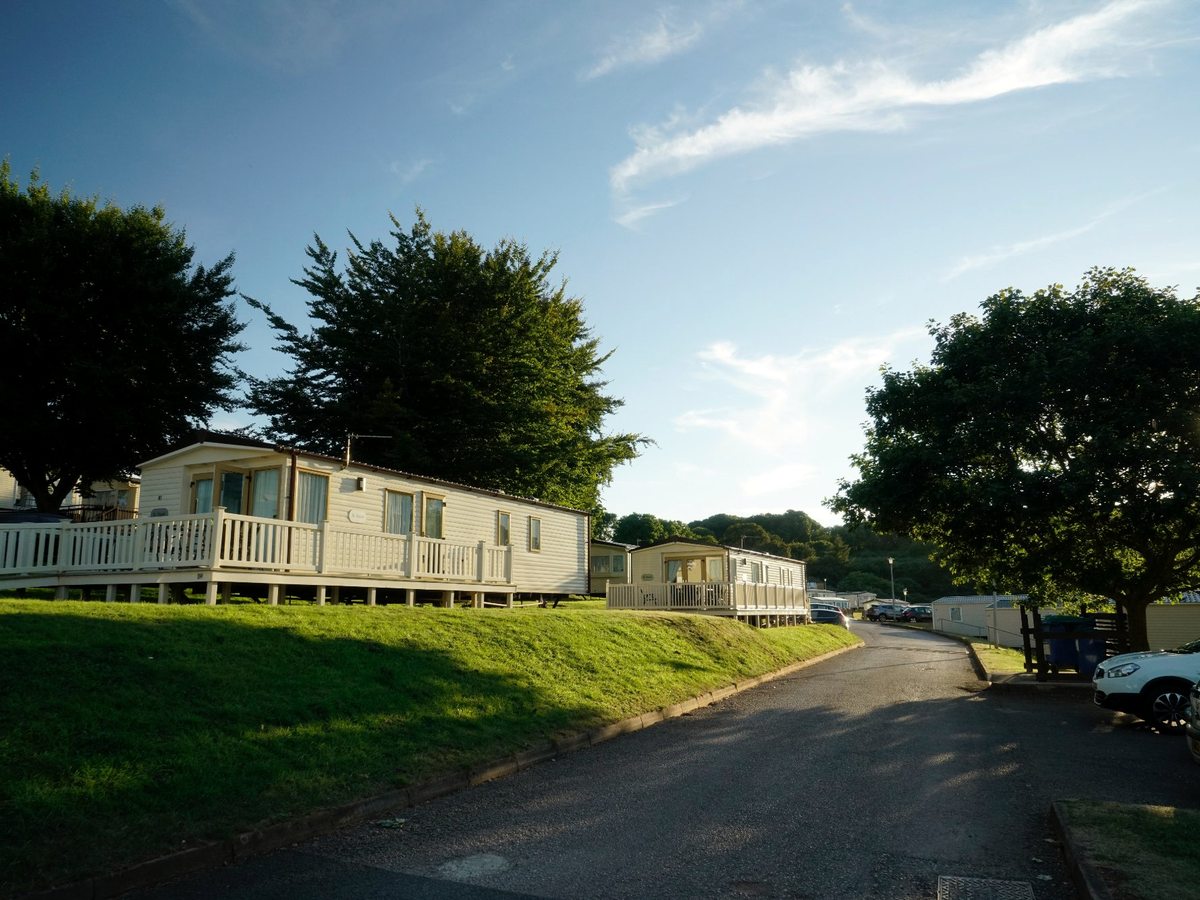 Holiday caravans on grassy banks along a park lane in low evening sunlight.