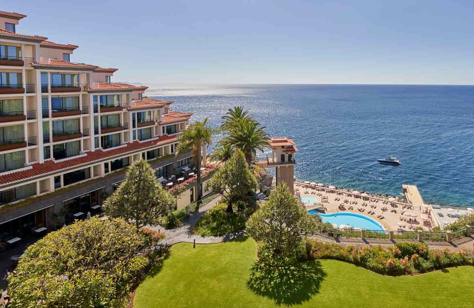 Hotel The Cliff Bay on its clifftop above the Bay of Funchal, with the Atlantic below.
