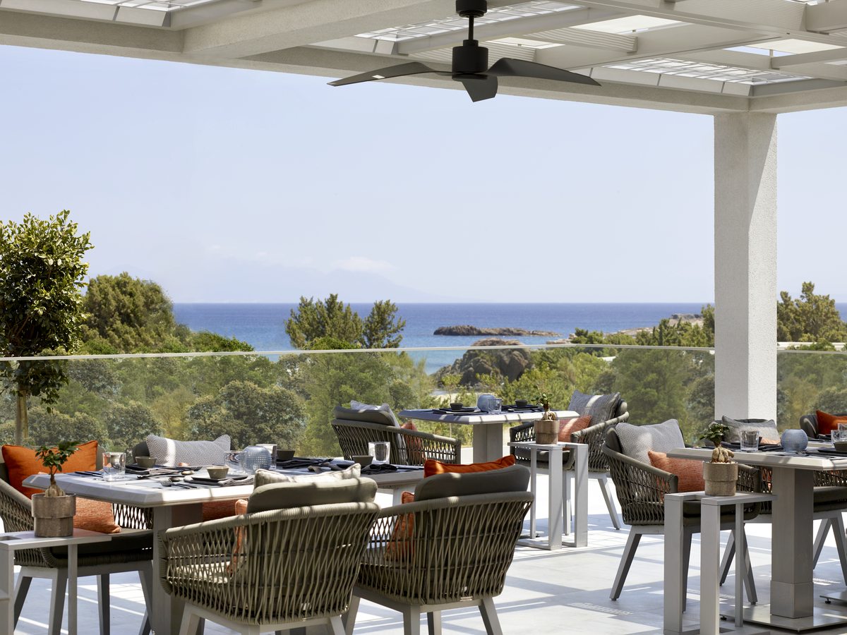 Anaya on an open terrace of cane chairs and low sofas under a canopy, with the coast and the sea beyond.