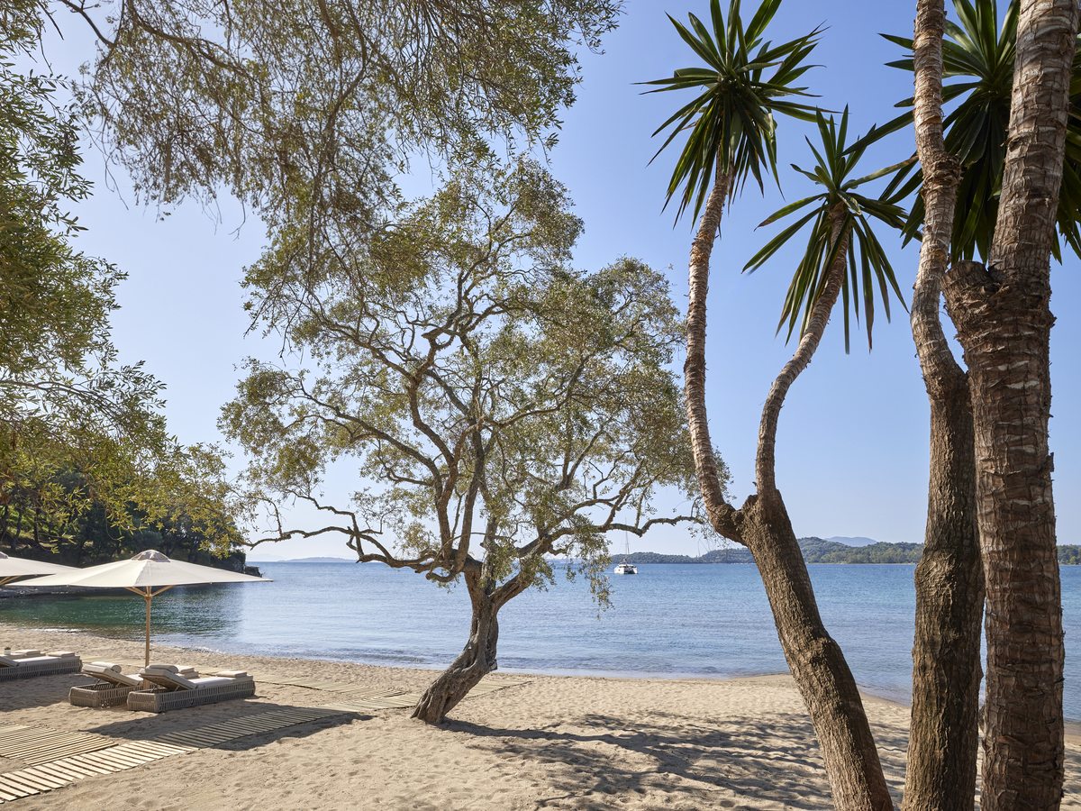 Trees and palms on the sand at the resort beach, with parasols set out and the calm bay beyond.