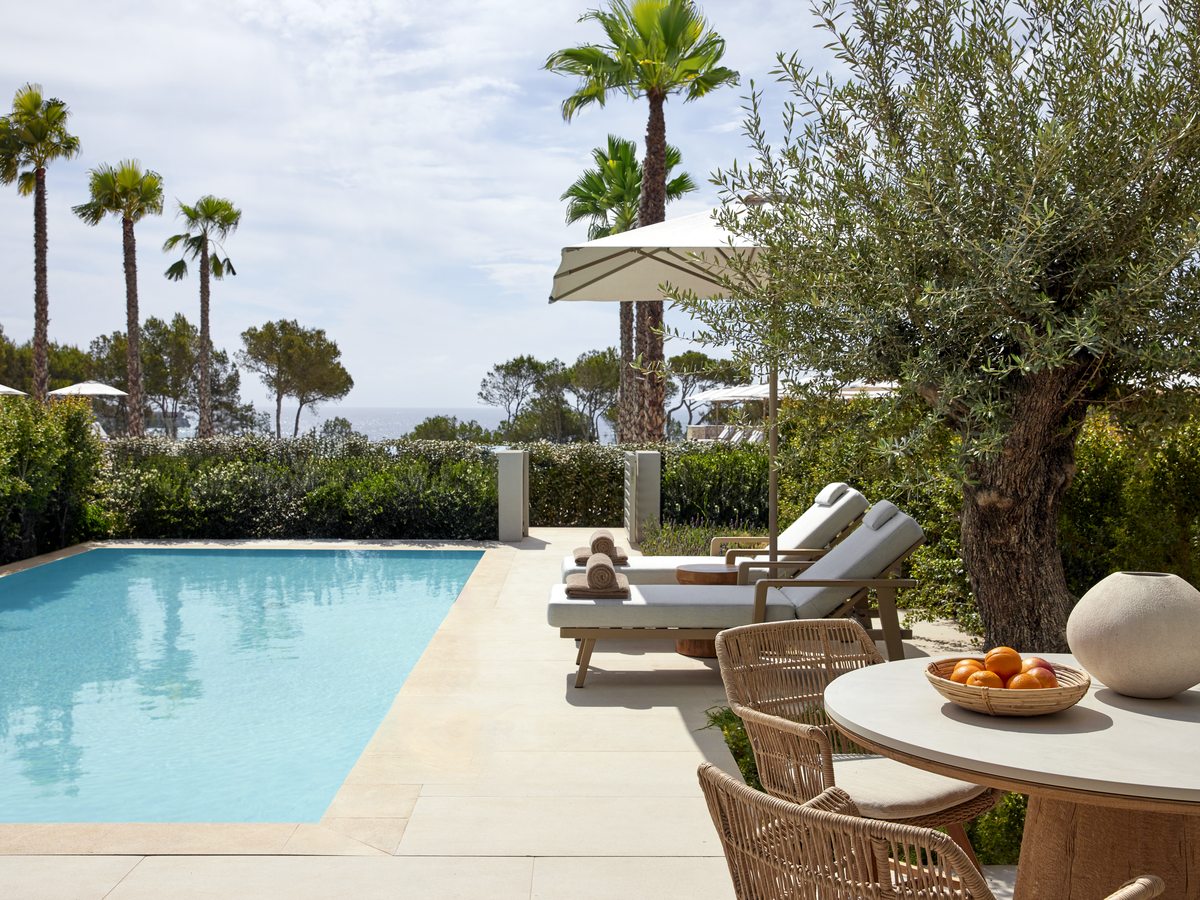 The private pool of a Deluxe One Bedroom Suite, with sun loungers, a shaded table and an olive tree on the terrace, palms behind.