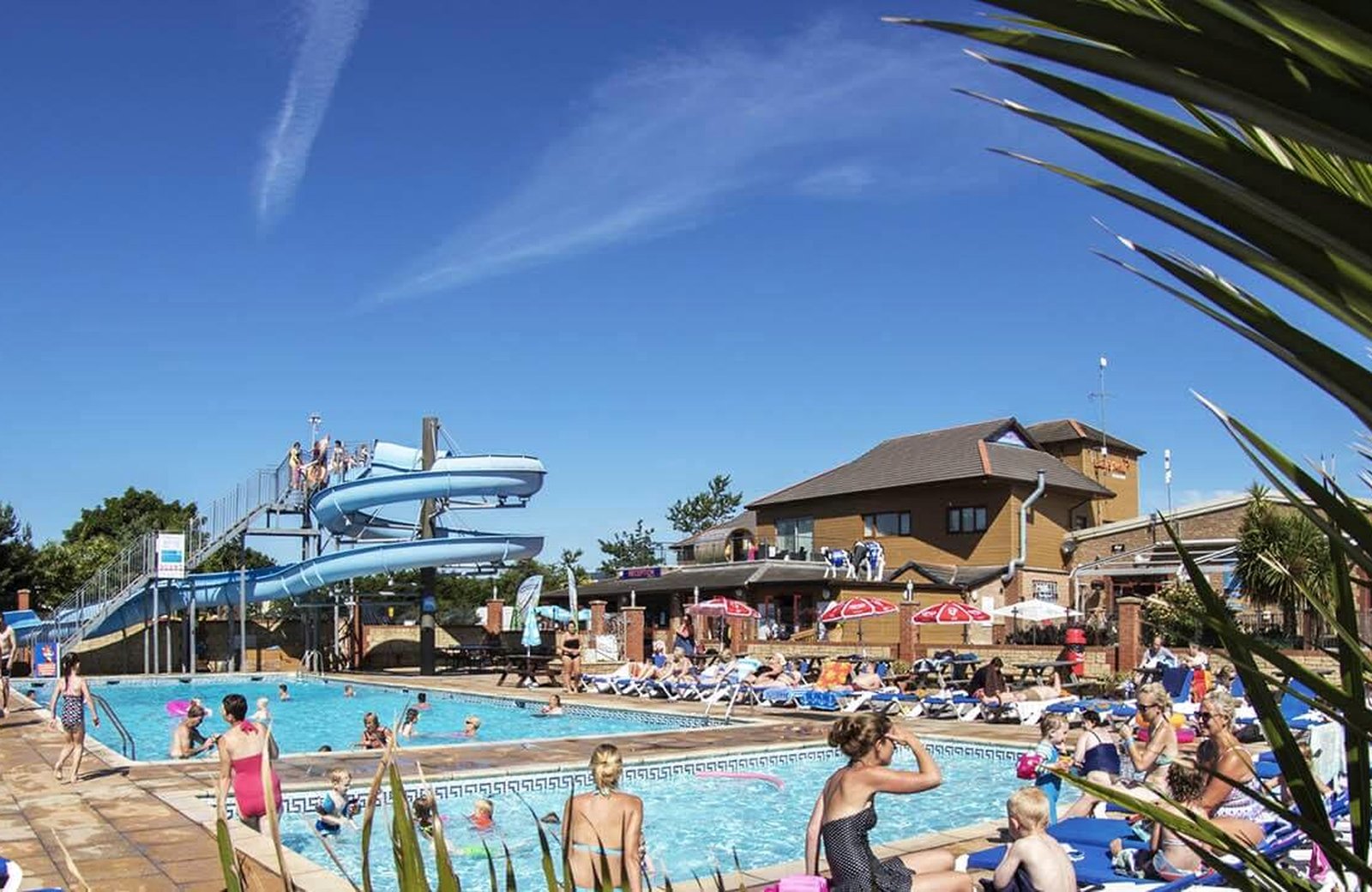 The outdoor pool at Lady's Mile Holiday Park, with families in the water, sun loungers and parasols along the poolside, the blue spiral waterslides on the left and the clubhouse behind under a clear sky.