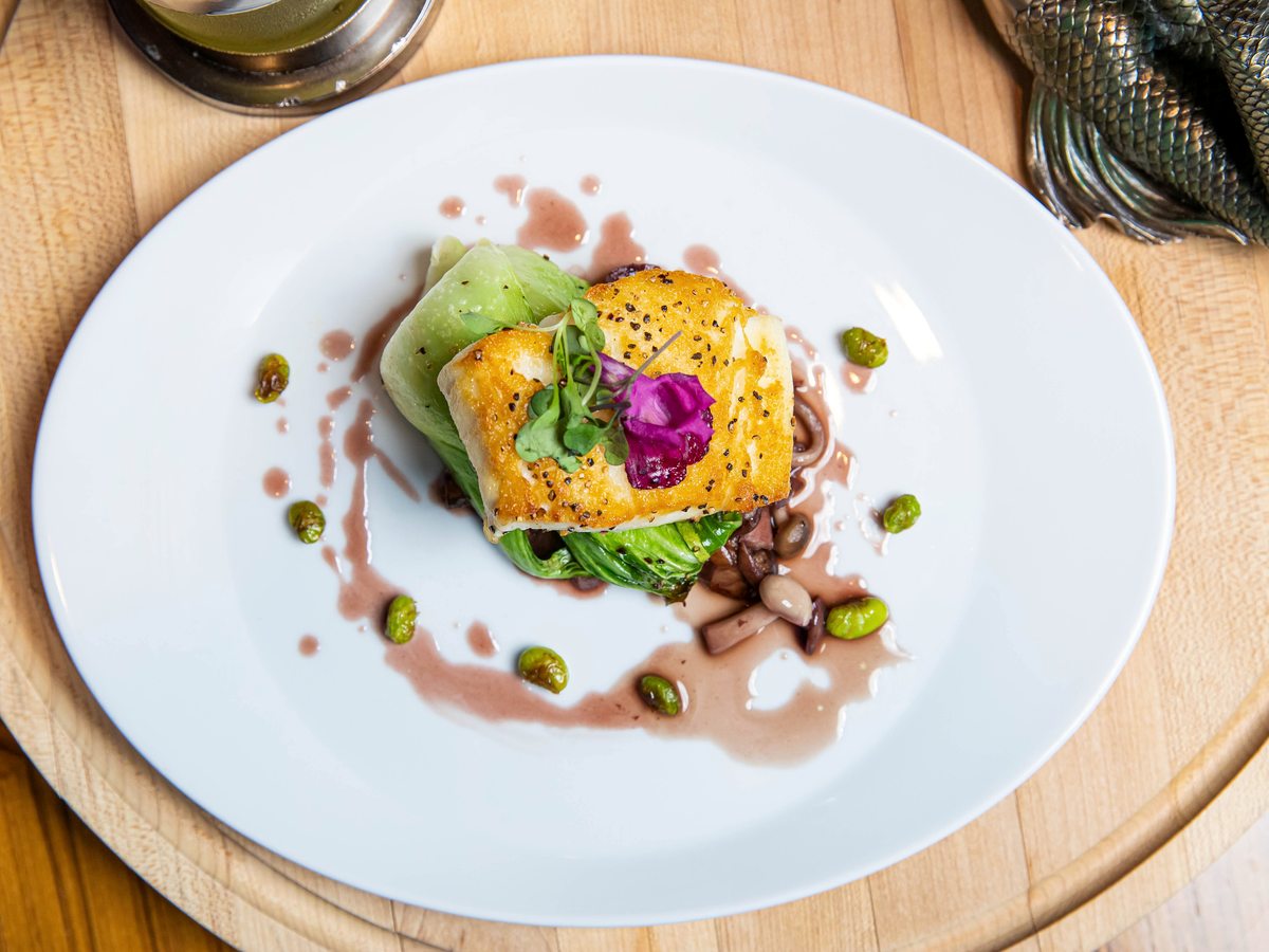 A white plate with a seared salmon fillet on greens and beans, with a reddish sauce, herb oil and an edible flower.
