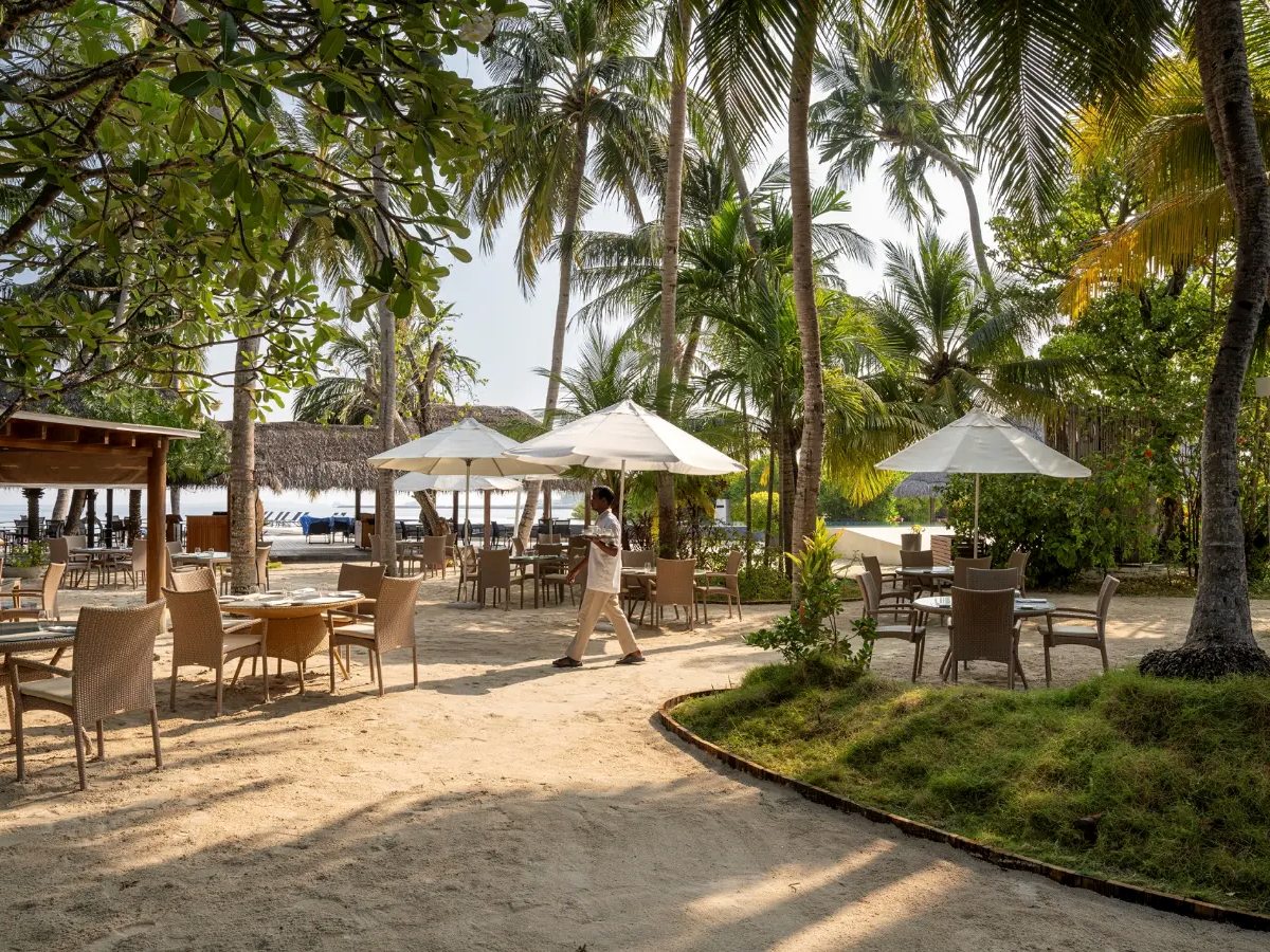 Wicker tables and chairs and large white parasols spread across soft sand beneath tall coconut palms, with a waiter crossing between them and the sea beyond.