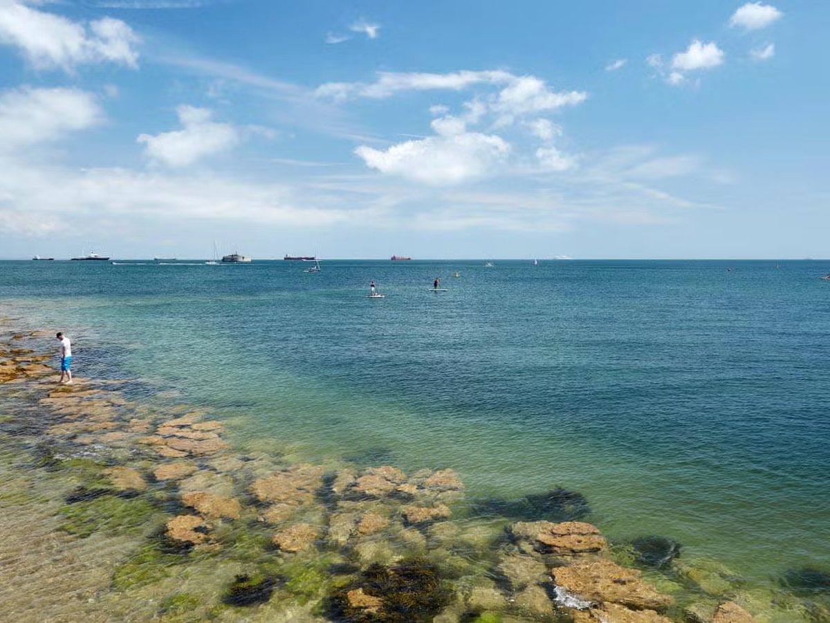Clear shallow water over rock ledges in the foreground, paddleboarders offshore and ships on the horizon.