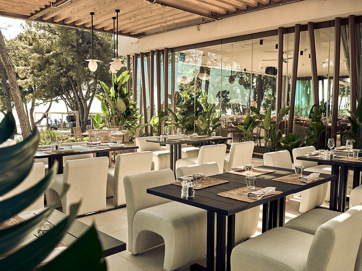 Covered restaurant terrace with dark tables, cream cushioned chairs and large-leaved plants, glass walls behind and pines and the beach beyond.