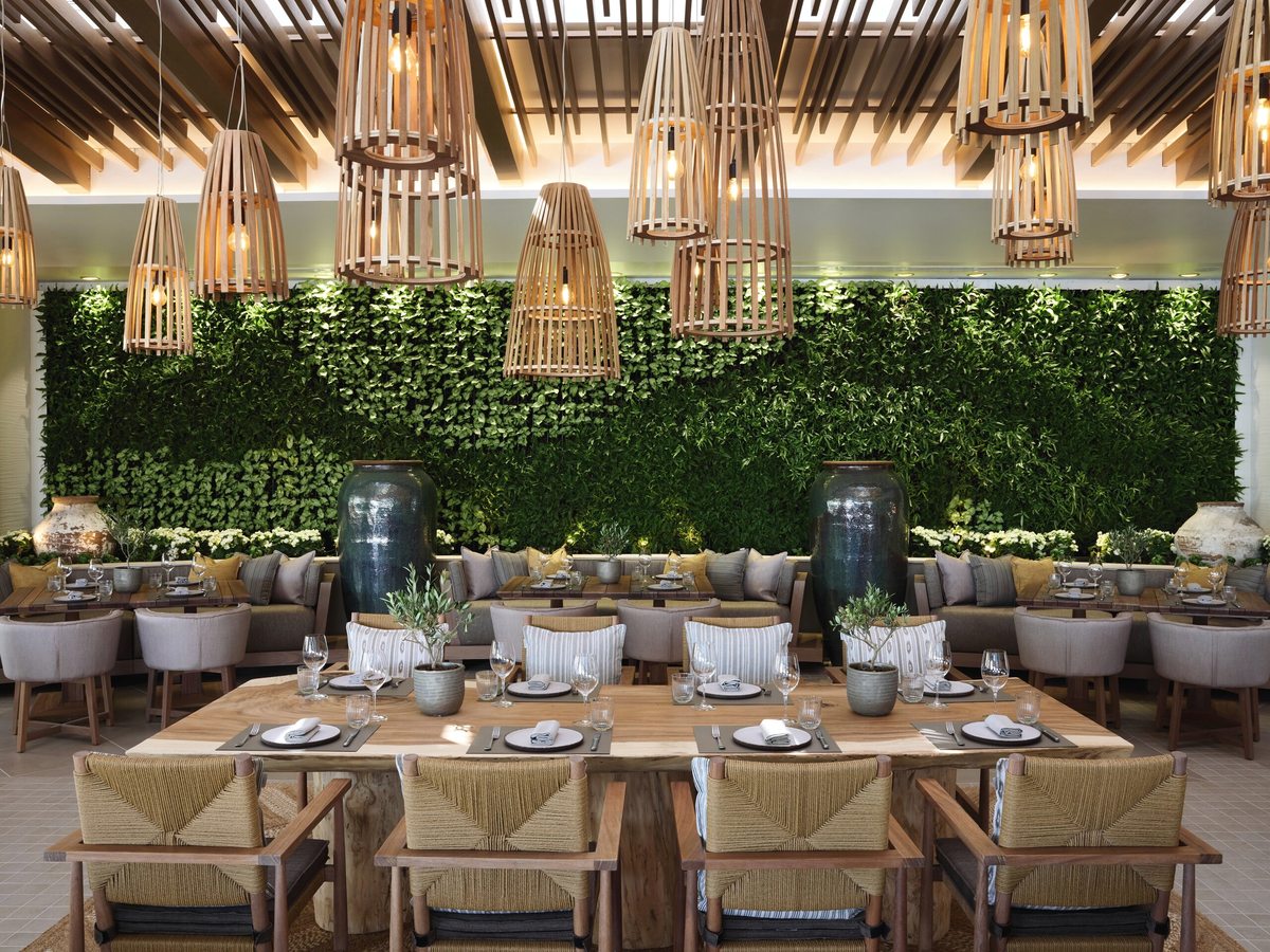Restaurant dining room with laid wooden tables, woven chairs and cushioned banquettes, set against a full-height living green wall under rows of tall rattan pendant lights.