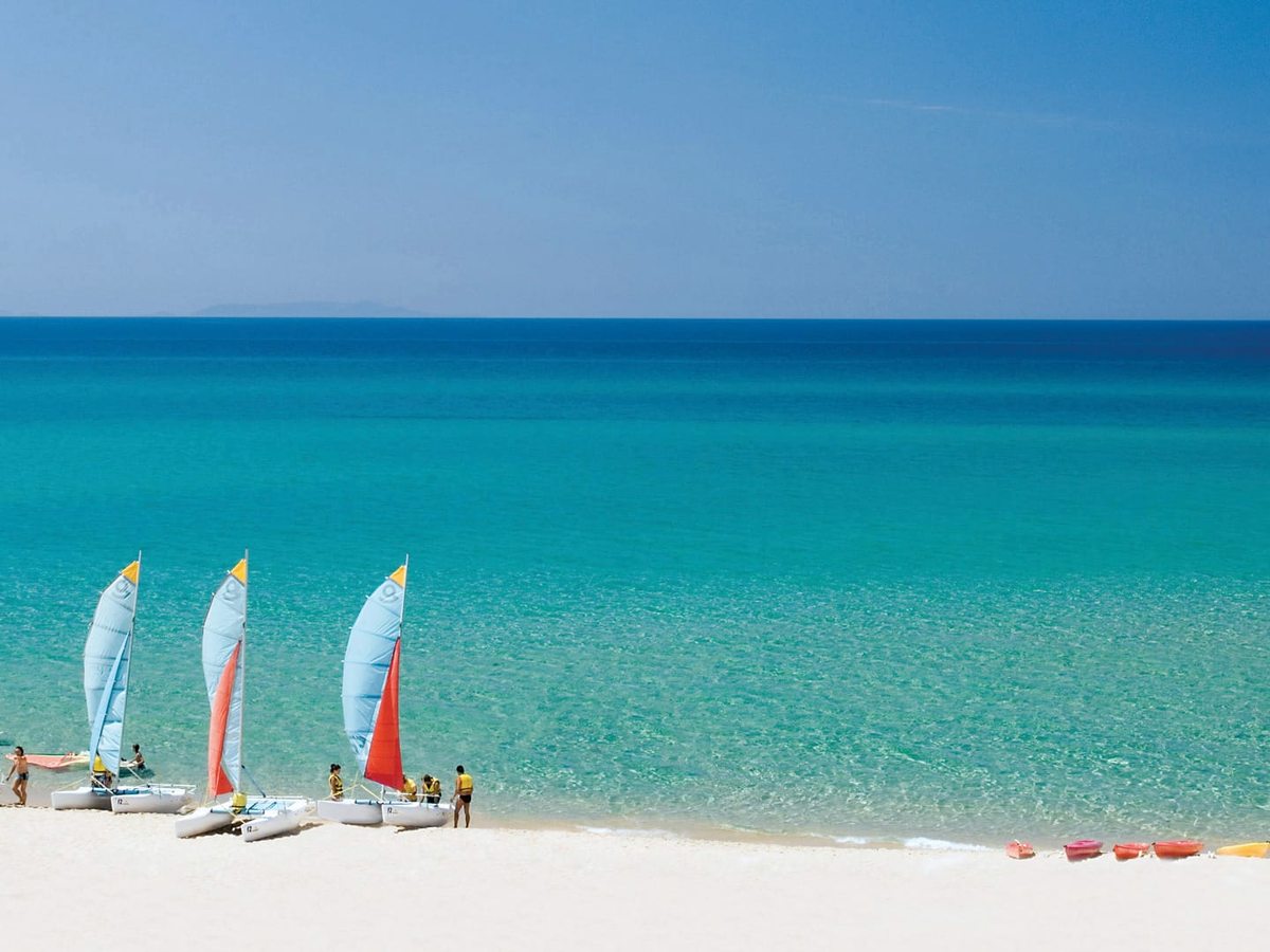 Small catamarans with their sails up, drawn up on white sand at the edge of a turquoise sea.