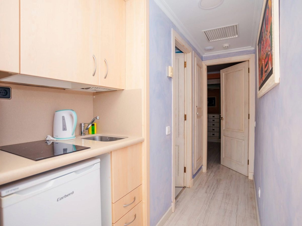 A narrow kitchenette with pale wooden units, a sink, an electric hob, a kettle and a small white fridge, opening on to an apartment hallway.
