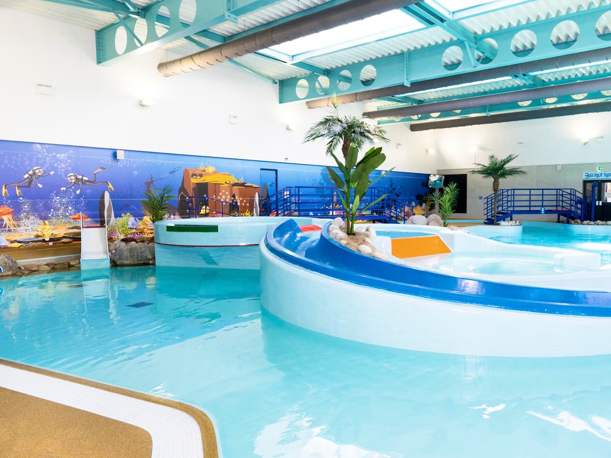 An indoor pool hall with curving pale blue pools, an undersea mural, artificial palms on a planted island and a turquoise steel roof.