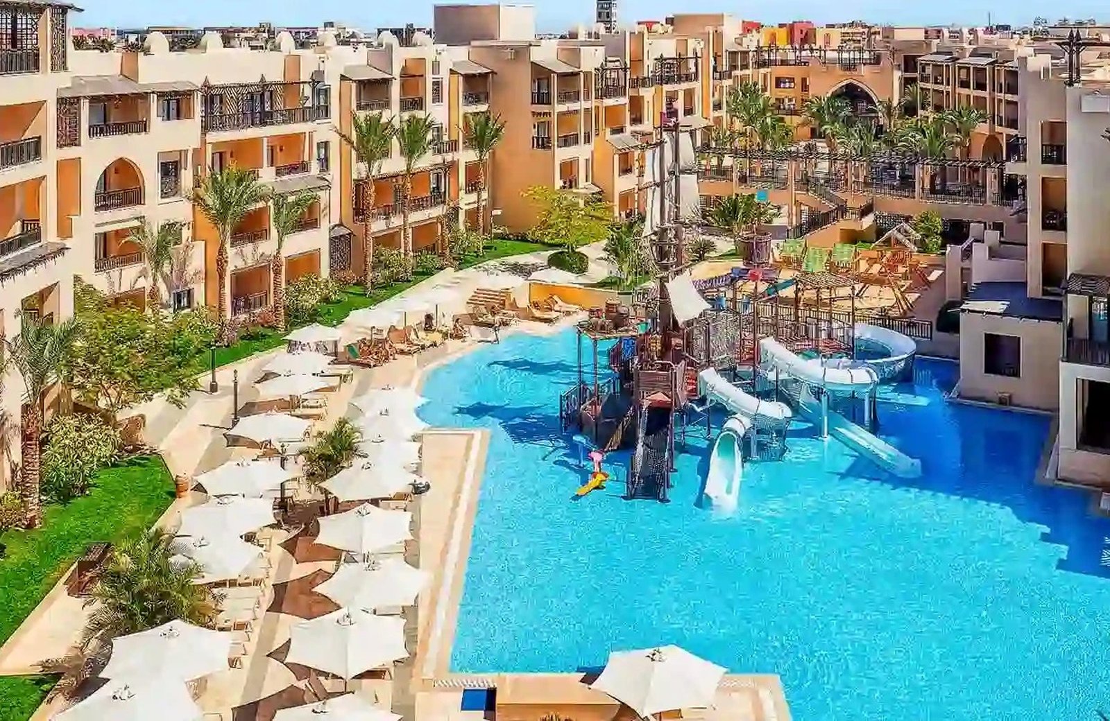 Steigenberger Aqua Magic: a 5-star all-inclusive resort in Hurghada, Egypt, built around a water park with slides, pools and palm-lined sunbathing terraces.