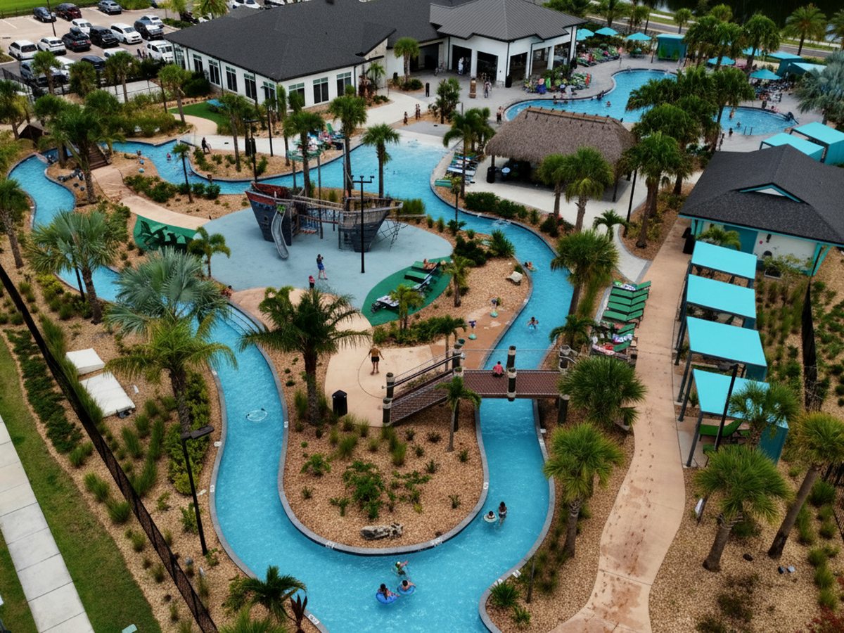 Oblique aerial of a freeform pool with a looping lazy river around a central landscaped island with a timber play structure and footbridge, beside a grey-roofed clubhouse.