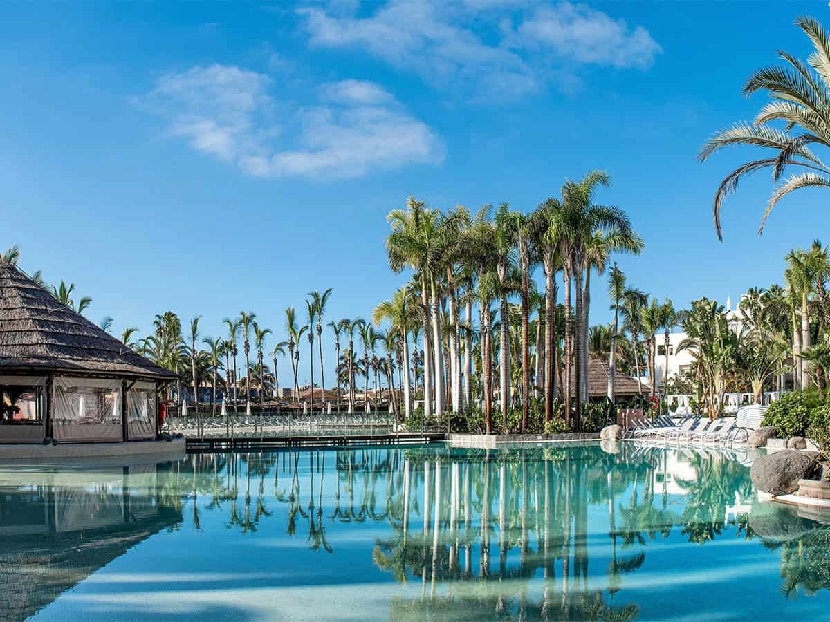 Wide lagoon-shaped pool reflecting rows of tall palms, with a thatched bar pavilion at the left-hand edge and ranks of sun loungers along the far side.