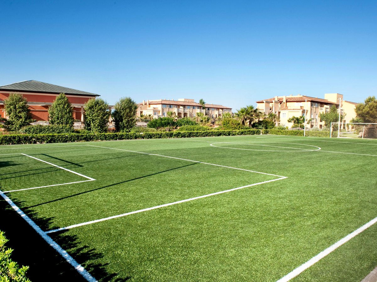 A green artificial-turf pitch with white line markings and goals at each end, backed by trees and the resort's apartment buildings under a clear sky.