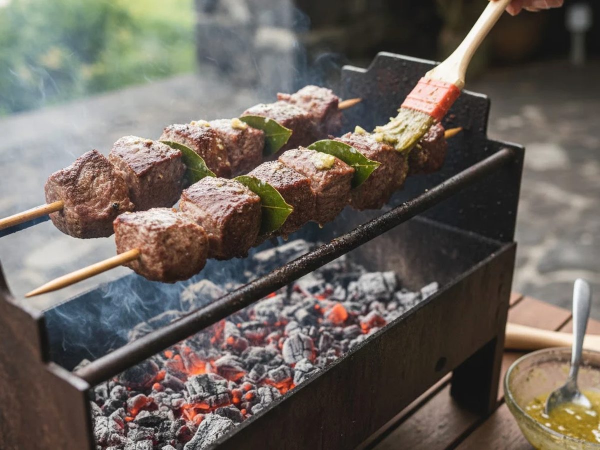 Four meat skewers on a metal rack over glowing charcoal in an outdoor grill, being brushed with sauce.