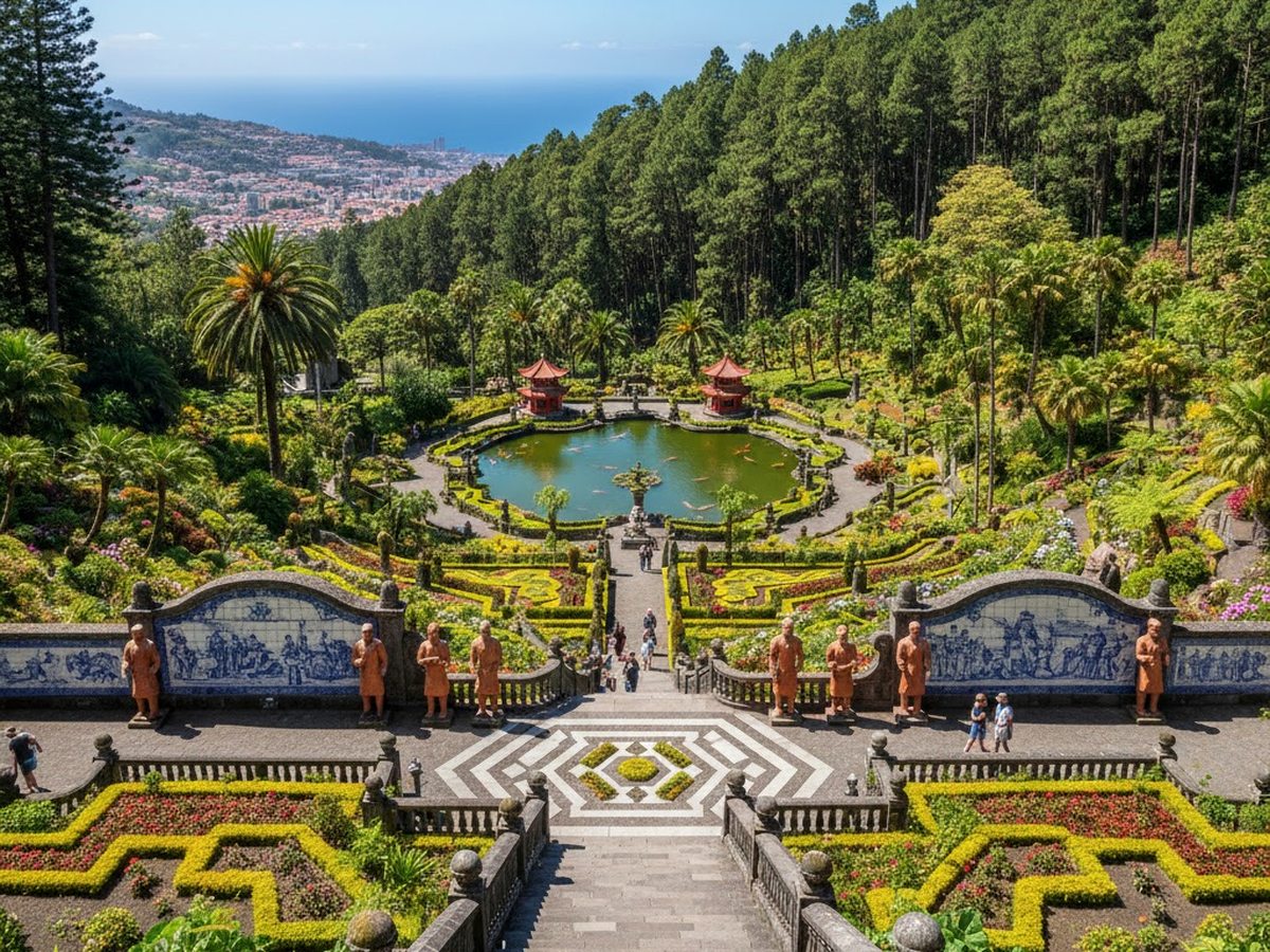 A formal garden with a koi lake, red pagodas, blue and white tiled panels and terracotta statues, with wooded slopes and the sea beyond.